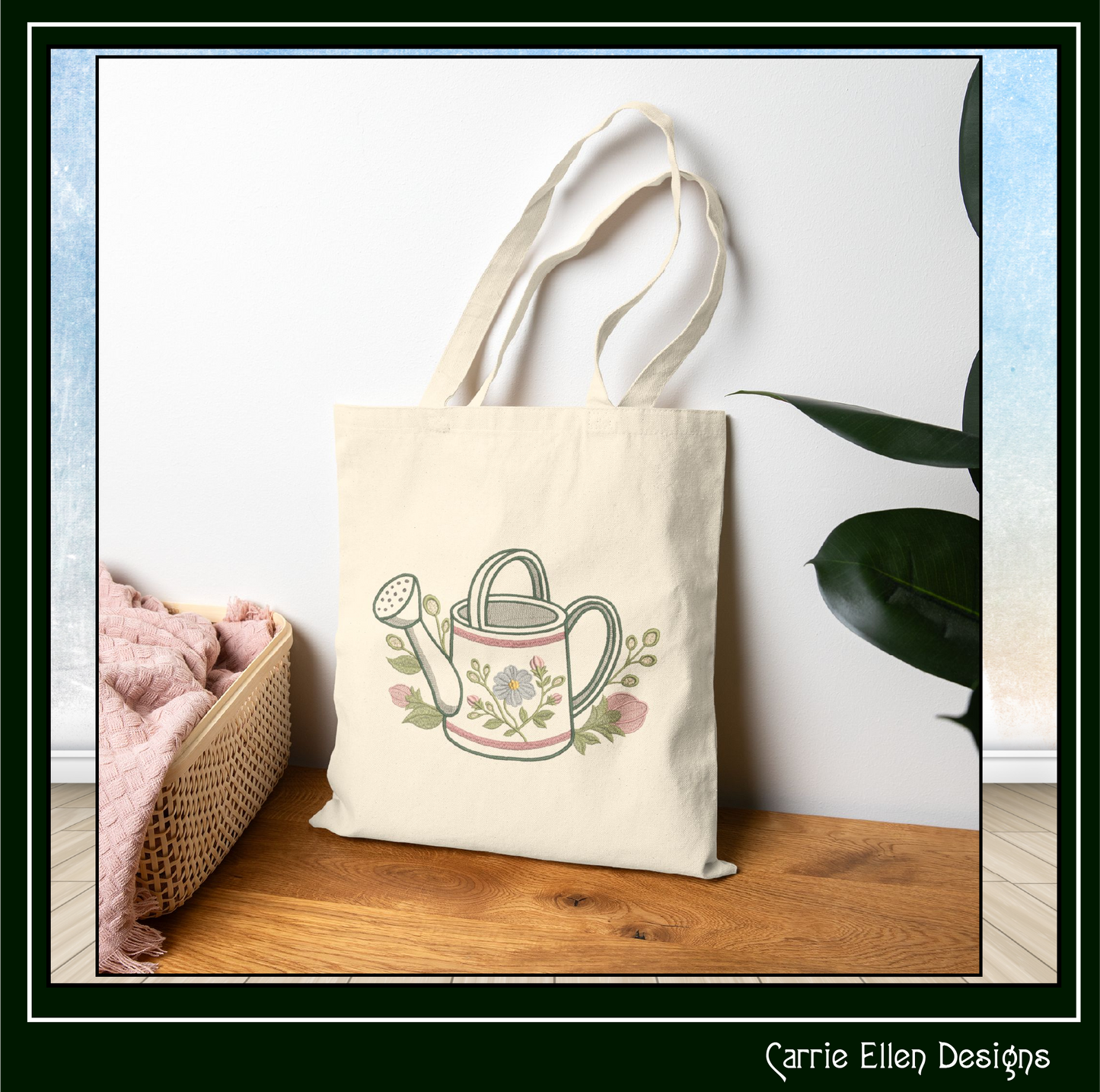 Floral Watering Can Machine Embroidery Design | Botanical Gardening Embroidery, 6 Sizes, (4189)