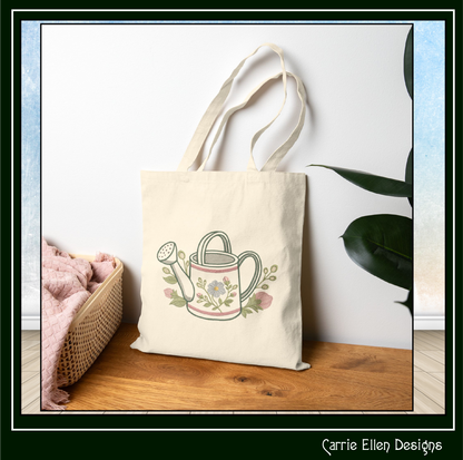 Floral Watering Can Machine Embroidery Design | Botanical Gardening Embroidery, 6 Sizes, (4189)
