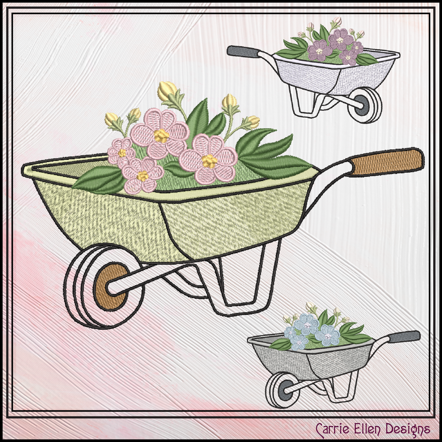 Floral Wheelbarrow Machine Embroidery Design | Wheelbarrow with Flowers Gardening Embroidery, 6 Sizes, (4190)