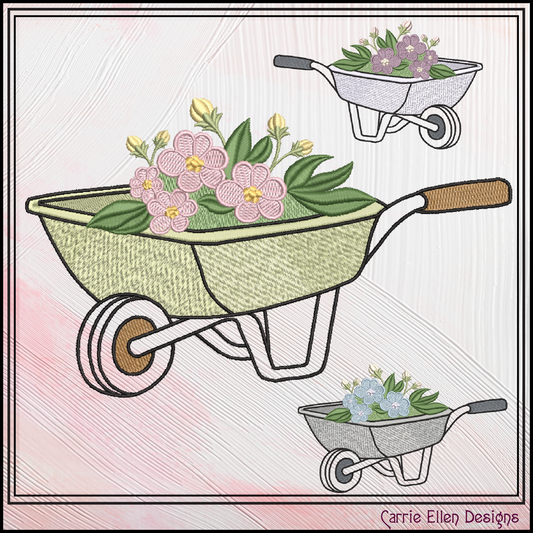 Floral Wheelbarrow Machine Embroidery Design | Wheelbarrow with Flowers Gardening Embroidery, 6 Sizes, (4190)