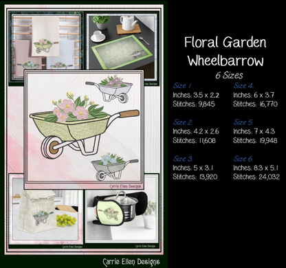 Floral Wheelbarrow Machine Embroidery Design | Wheelbarrow with Flowers Gardening Embroidery, 6 Sizes, (4190)