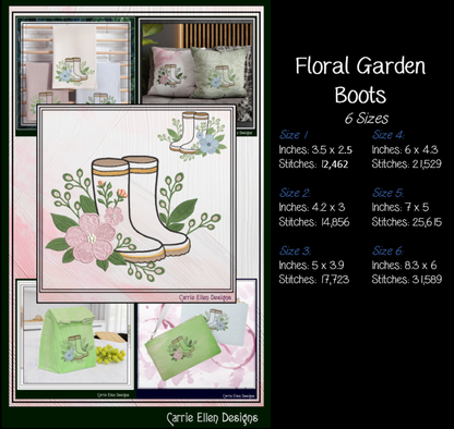 Floral Garden Boots Machine Embroidery Design | Rain Boots with Flowers Gardening Embroidery, 6 Sizes, (4191)
