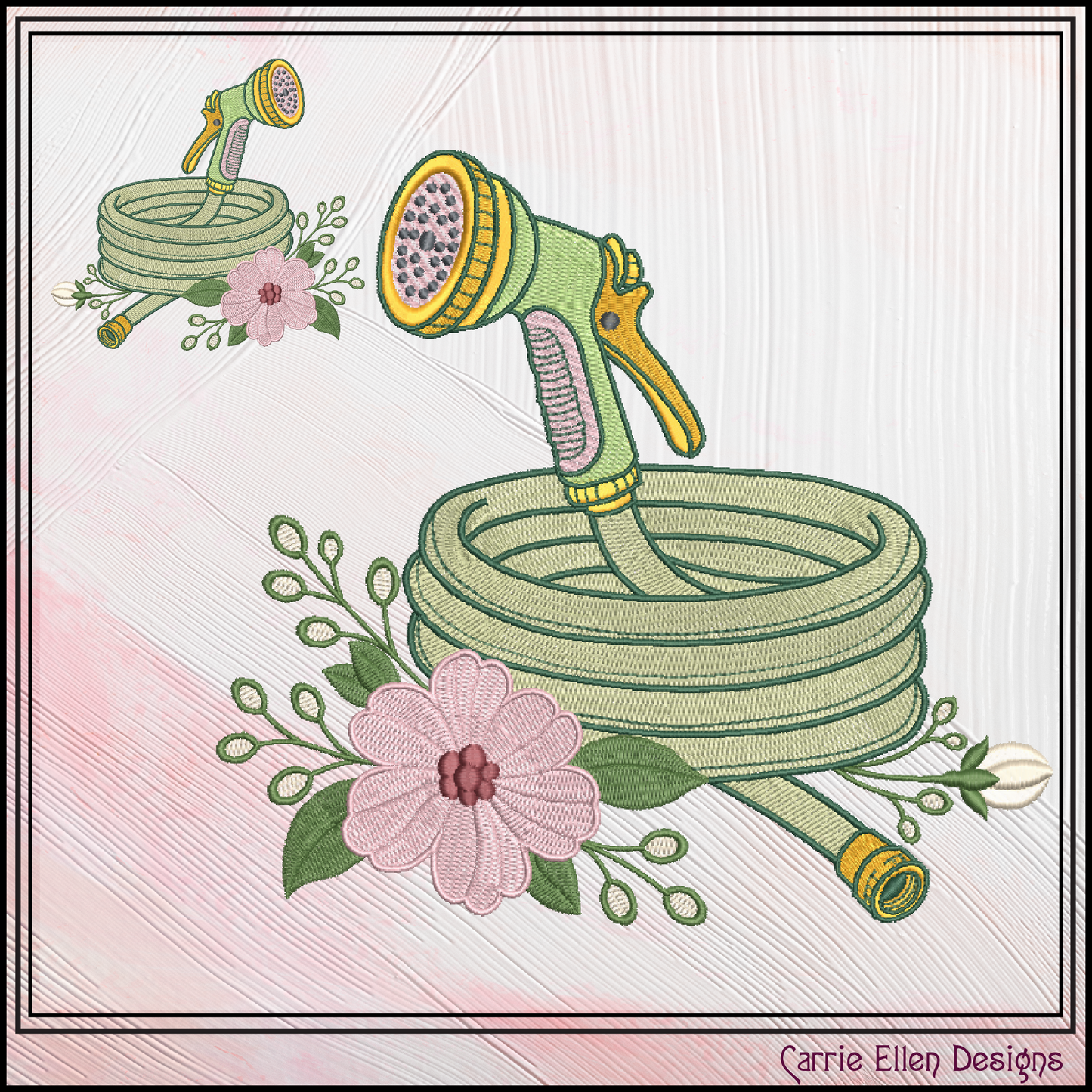 Floral Garden Hose Machine Embroidery Design | Garden Hose & Spray Nozzle Stitch File 6 Sizes, (4192)