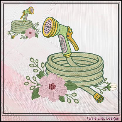 Floral Garden Hose Machine Embroidery Design | Garden Hose & Spray Nozzle Stitch File 6 Sizes, (4192)