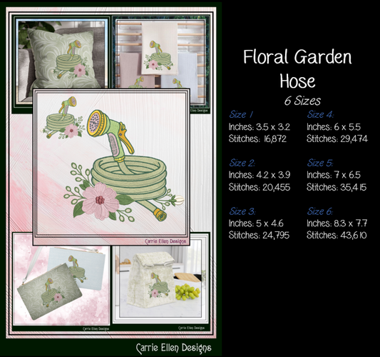 Floral Garden Hose Machine Embroidery Design | Garden Hose & Spray Nozzle Stitch File 6 Sizes, (4192)