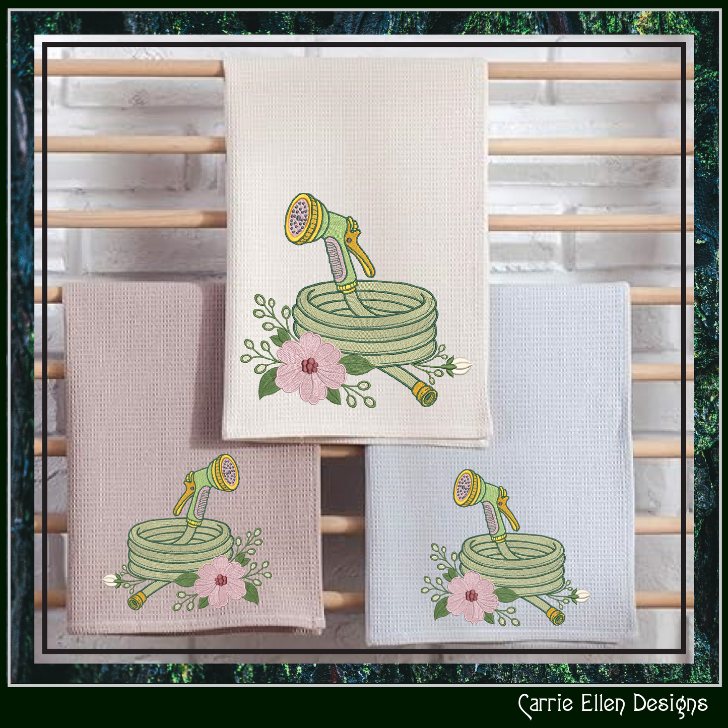 Floral Garden Hose Machine Embroidery Design | Garden Hose & Spray Nozzle Stitch File 6 Sizes, (4192)