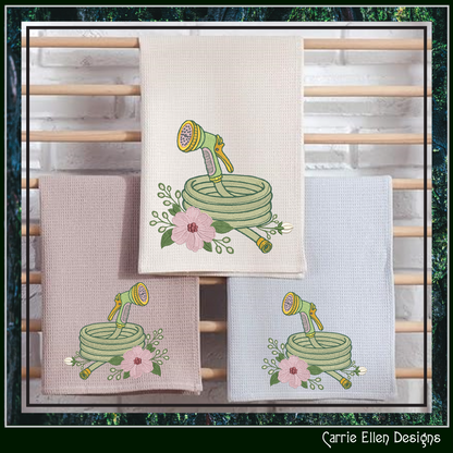 Floral Garden Hose Machine Embroidery Design | Garden Hose & Spray Nozzle Stitch File 6 Sizes, (4192)