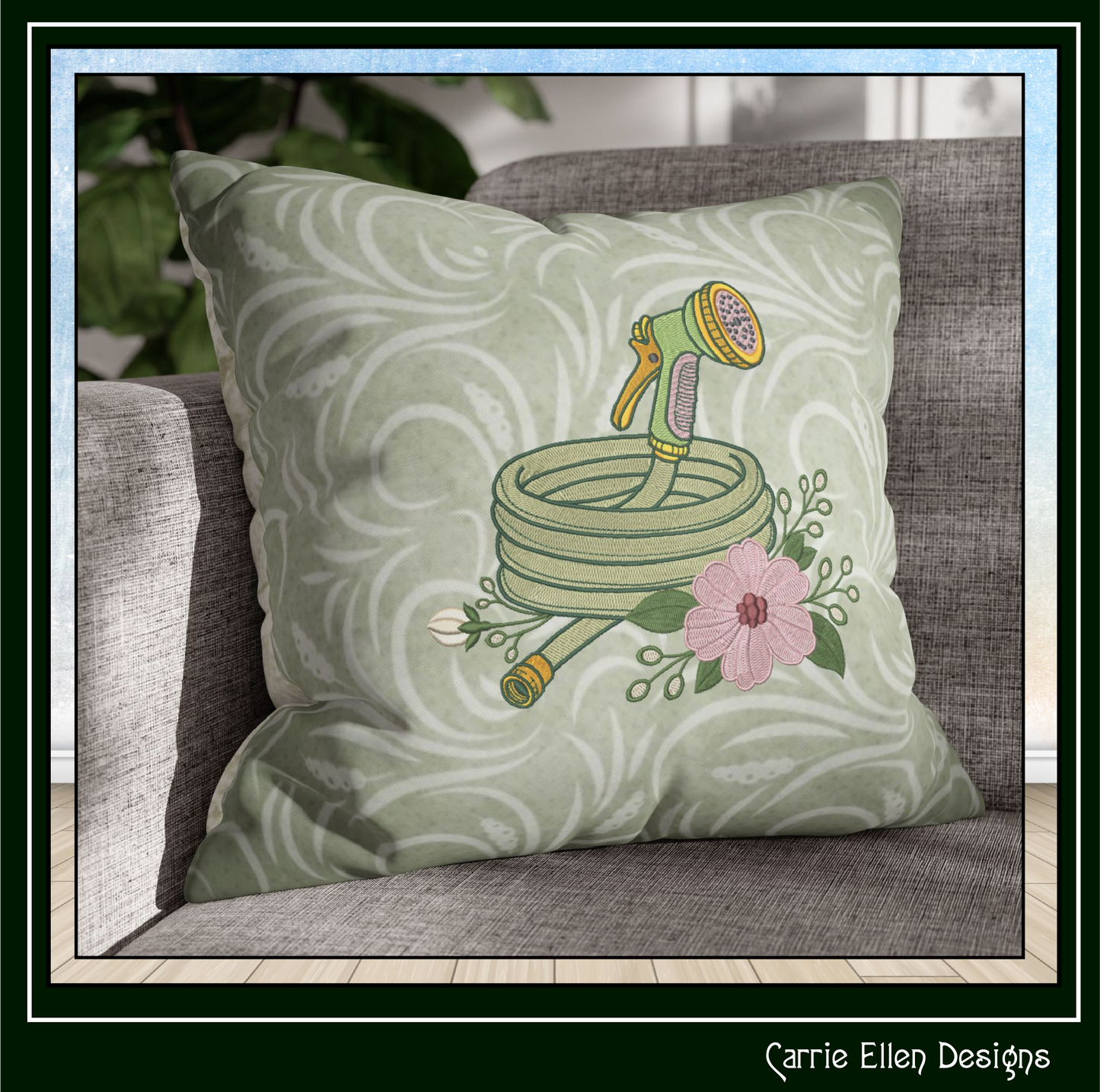 Floral Garden Hose Machine Embroidery Design | Garden Hose & Spray Nozzle Stitch File 6 Sizes, (4192)