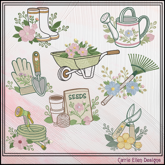 Floral Garden Tools Bundle Machine Embroidery Designs | Garden Lover Stitch Files | Gardening Collection, 8 Designs, 6 Sizes, (4193)