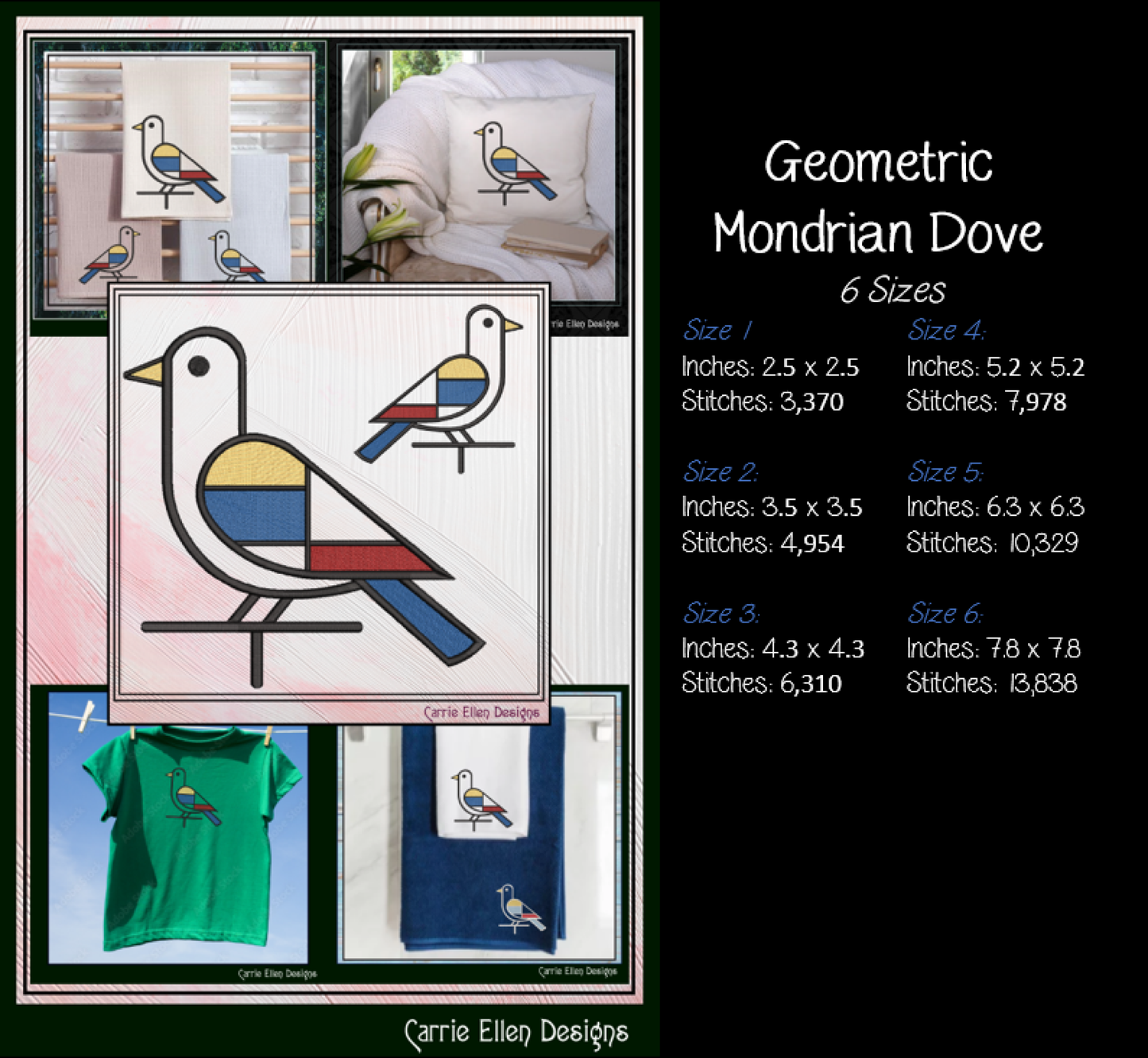Geometric Dove Machine Embroidery Design | Mondrian Inspired Bird Stitch File | Modern Art Embroidery, 6 Sizes, (4194)