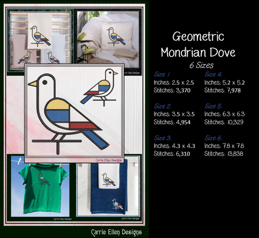 Geometric Dove Machine Embroidery Design | Mondrian Inspired Bird Stitch File | Modern Art Embroidery, 6 Sizes, (4194)