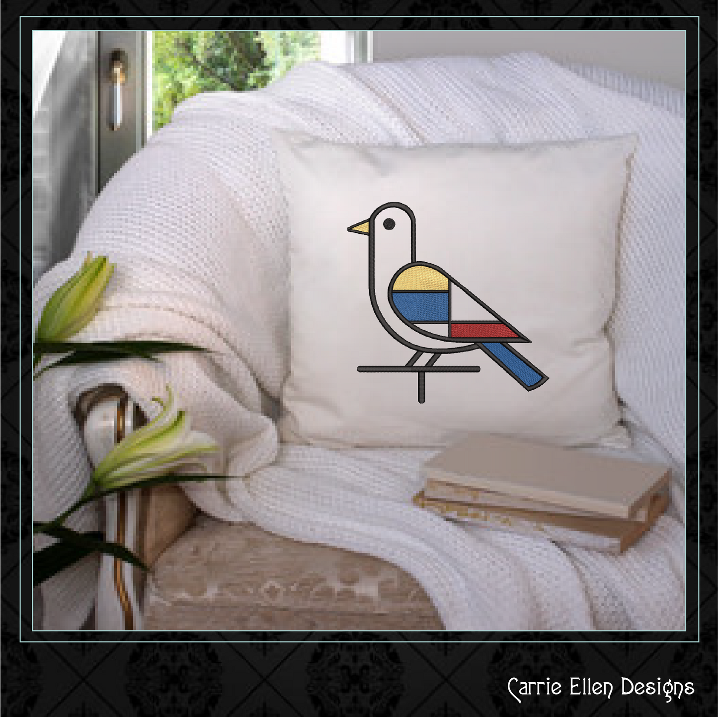 Geometric Dove Machine Embroidery Design | Mondrian Inspired Bird Stitch File | Modern Art Embroidery, 6 Sizes, (4194)
