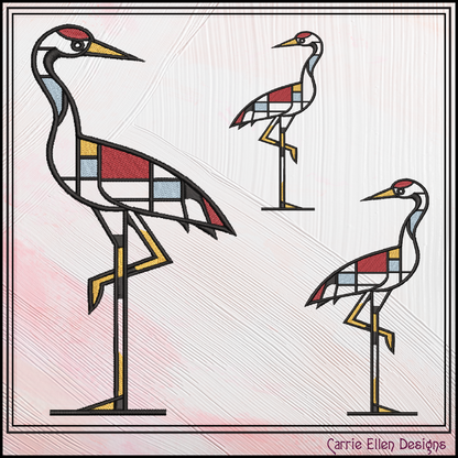 Geometric Crane Machine Embroidery Design | Mondrian Inspired Bird Stitch File | Modern Art Embroidery, 6 Sizes, (4196)