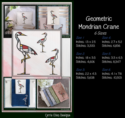 Geometric Crane Machine Embroidery Design | Mondrian Inspired Bird Stitch File | Modern Art Embroidery, 6 Sizes, (4196)