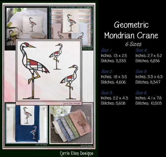 Geometric Crane Machine Embroidery Design | Mondrian Inspired Bird Stitch File | Modern Art Embroidery, 6 Sizes, (4196)