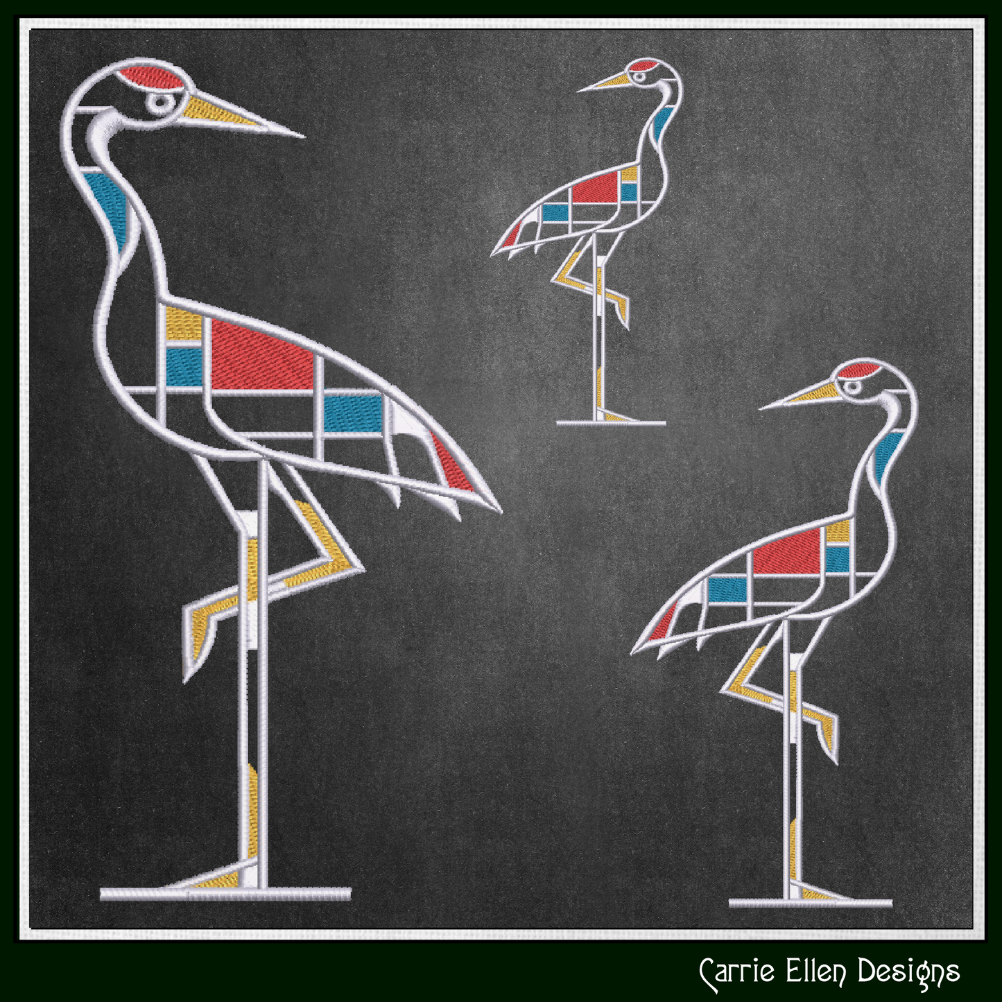 Geometric Crane Machine Embroidery Design | Mondrian Inspired Bird Stitch File | Modern Art Embroidery, 6 Sizes, (4196)