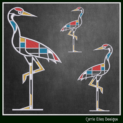 Geometric Crane Machine Embroidery Design | Mondrian Inspired Bird Stitch File | Modern Art Embroidery, 6 Sizes, (4196)
