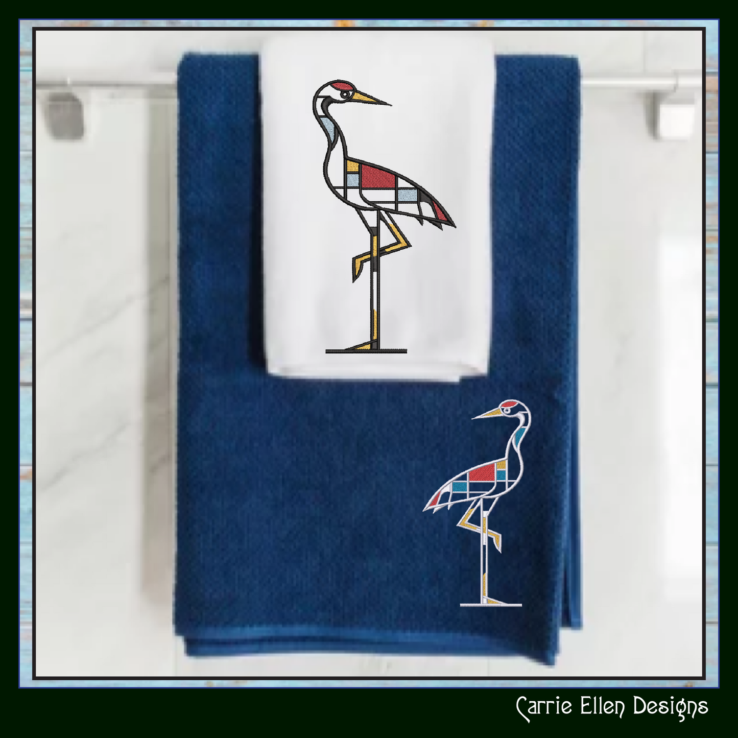 Geometric Crane Machine Embroidery Design | Mondrian Inspired Bird Stitch File | Modern Art Embroidery, 6 Sizes, (4196)