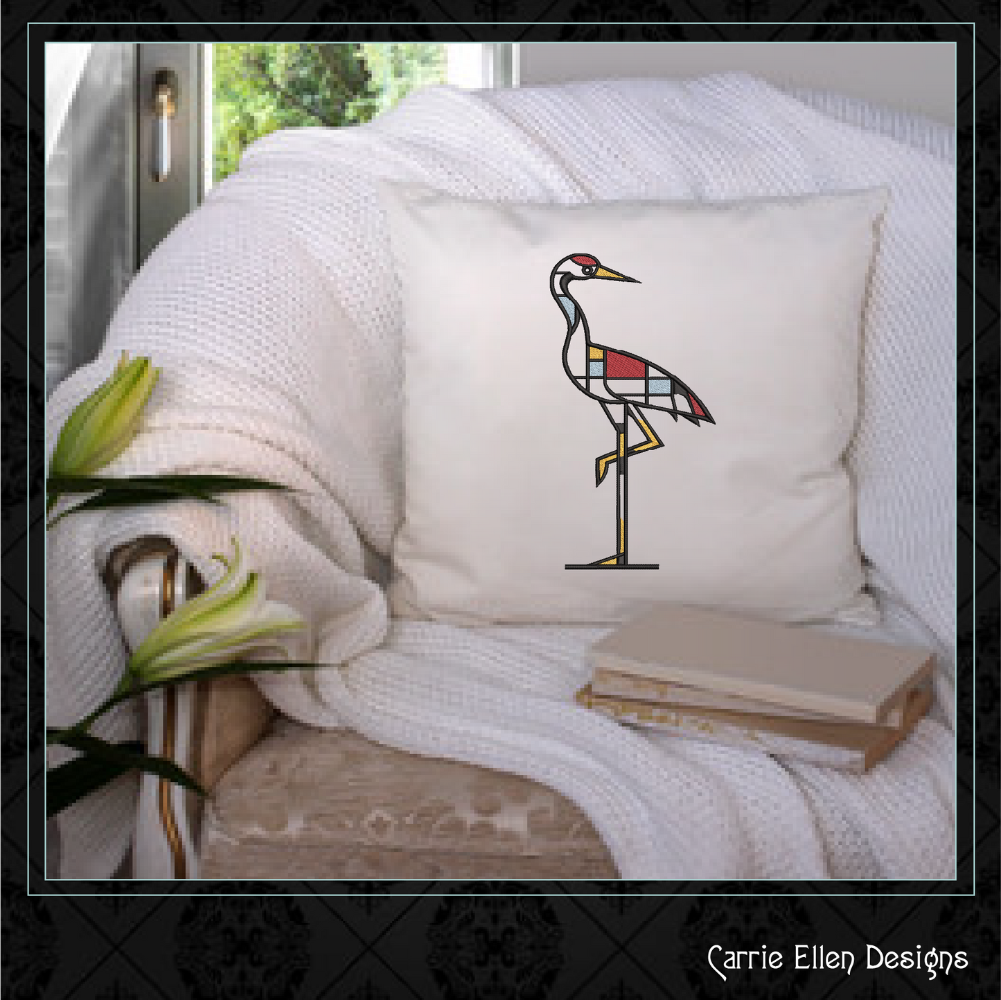 Geometric Crane Machine Embroidery Design | Mondrian Inspired Bird Stitch File | Modern Art Embroidery, 6 Sizes, (4196)
