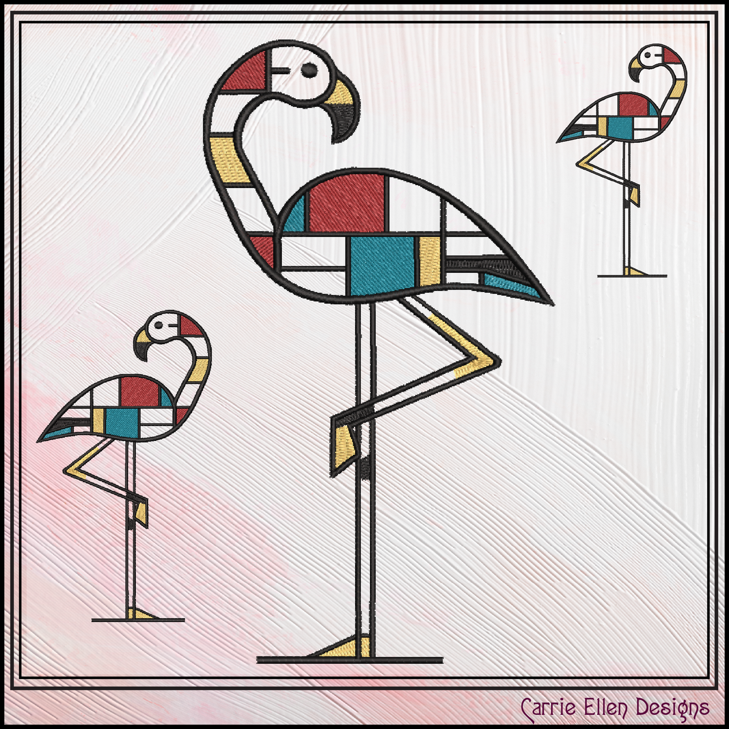 Geometric Flamingo Machine Embroidery Design | Mondrian Inspired Bird Stitch File | Modern Art Embroidery, 6 Sizes, (4197)