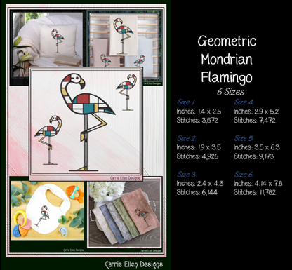 Geometric Flamingo Machine Embroidery Design | Mondrian Inspired Bird Stitch File | Modern Art Embroidery, 6 Sizes, (4197)