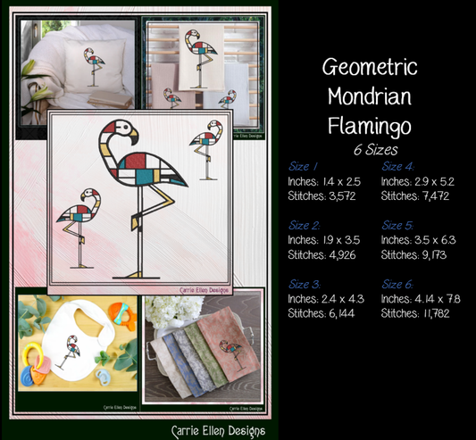 Geometric Flamingo Machine Embroidery Design | Mondrian Inspired Bird Stitch File | Modern Art Embroidery, 6 Sizes, (4197)