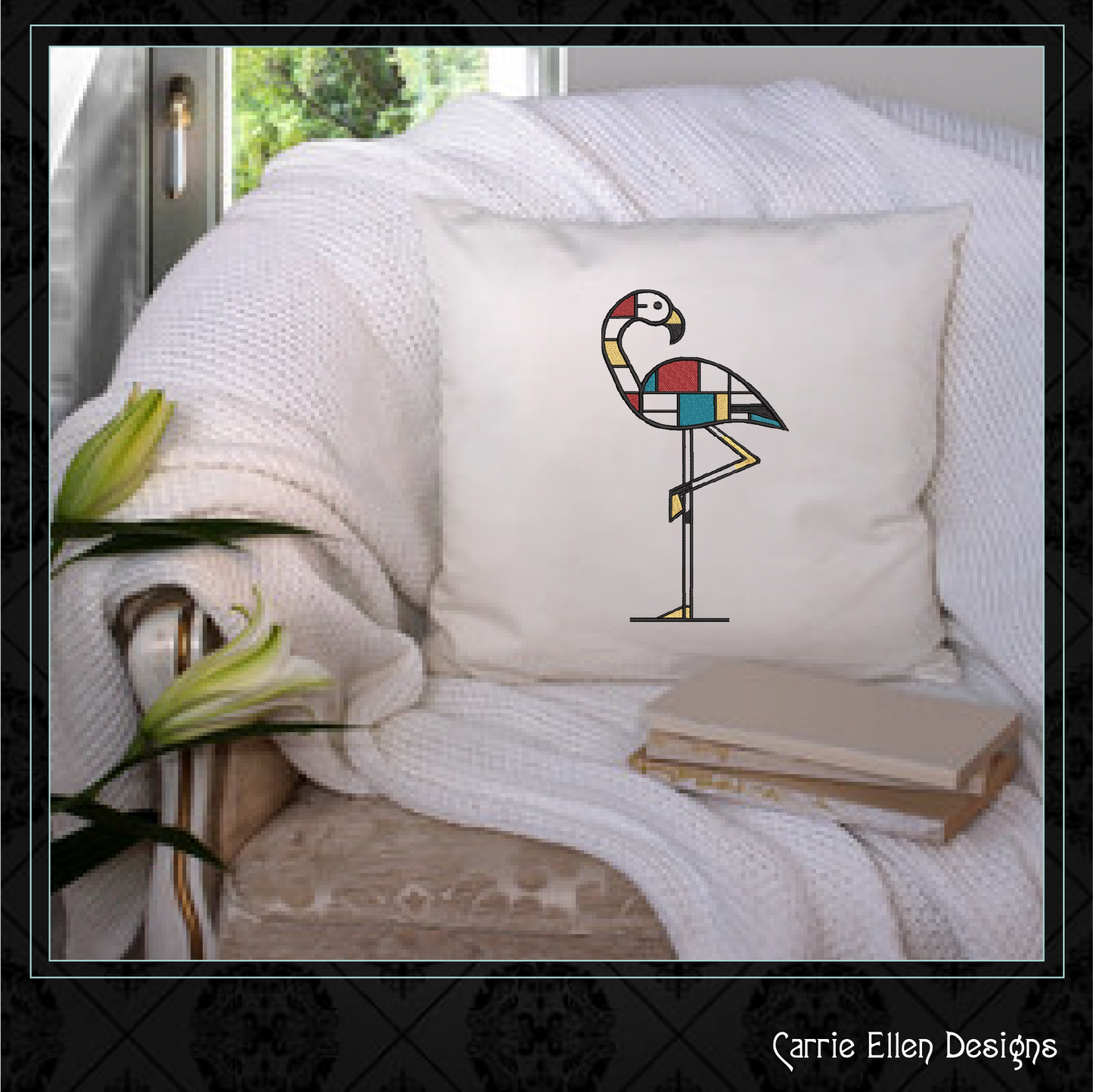 Geometric Flamingo Machine Embroidery Design | Mondrian Inspired Bird Stitch File | Modern Art Embroidery, 6 Sizes, (4197)