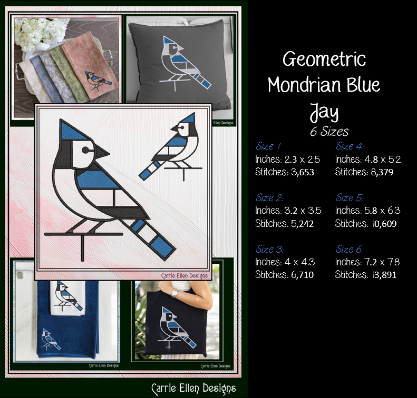 Geometric Blue Jay Machine Embroidery Design | Mondrian Inspired Bird Stitch File | Modern Art Embroidery, 6 Sizes, (4198)