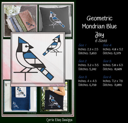 Geometric Blue Jay Machine Embroidery Design | Mondrian Inspired Bird Stitch File | Modern Art Embroidery, 6 Sizes, (4198)