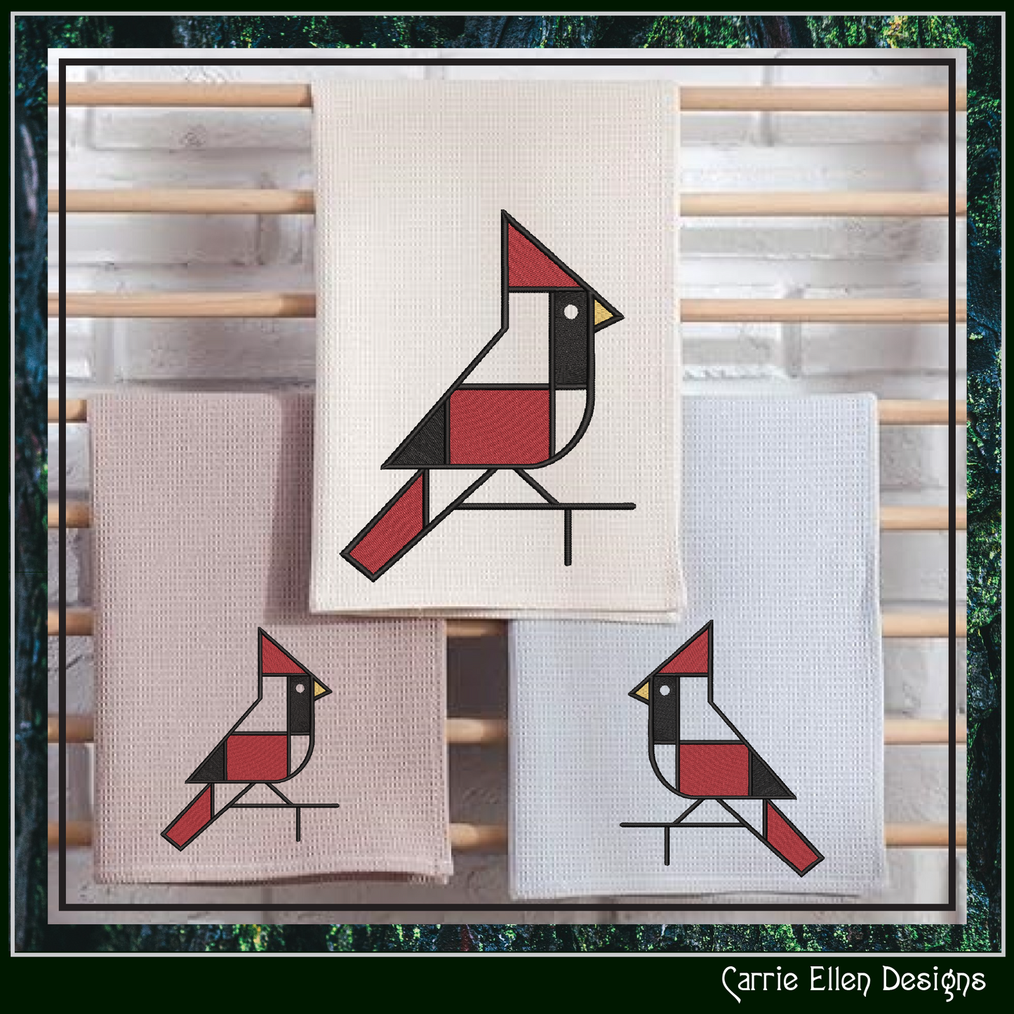 Geometric Cardinal Machine Embroidery Design | Mondrian Inspired Bird Stitch File | Modern Art Embroidery, 6 Sizes, (4199)