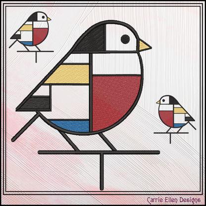 Geometric Chickadee Machine Embroidery Design | Mondrian Inspired Bird Stitch File | Modern Art Embroidery, 6 Sizes, (4200)