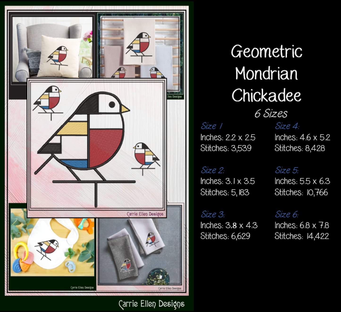 Geometric Chickadee Machine Embroidery Design | Mondrian Inspired Bird Stitch File | Modern Art Embroidery, 6 Sizes, (4200)