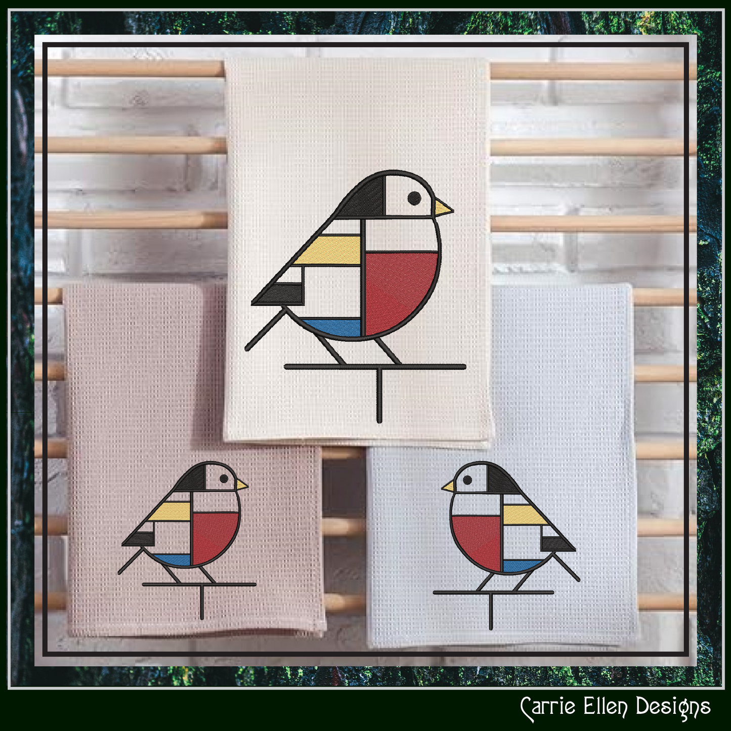 Geometric Chickadee Machine Embroidery Design | Mondrian Inspired Bird Stitch File | Modern Art Embroidery, 6 Sizes, (4200)