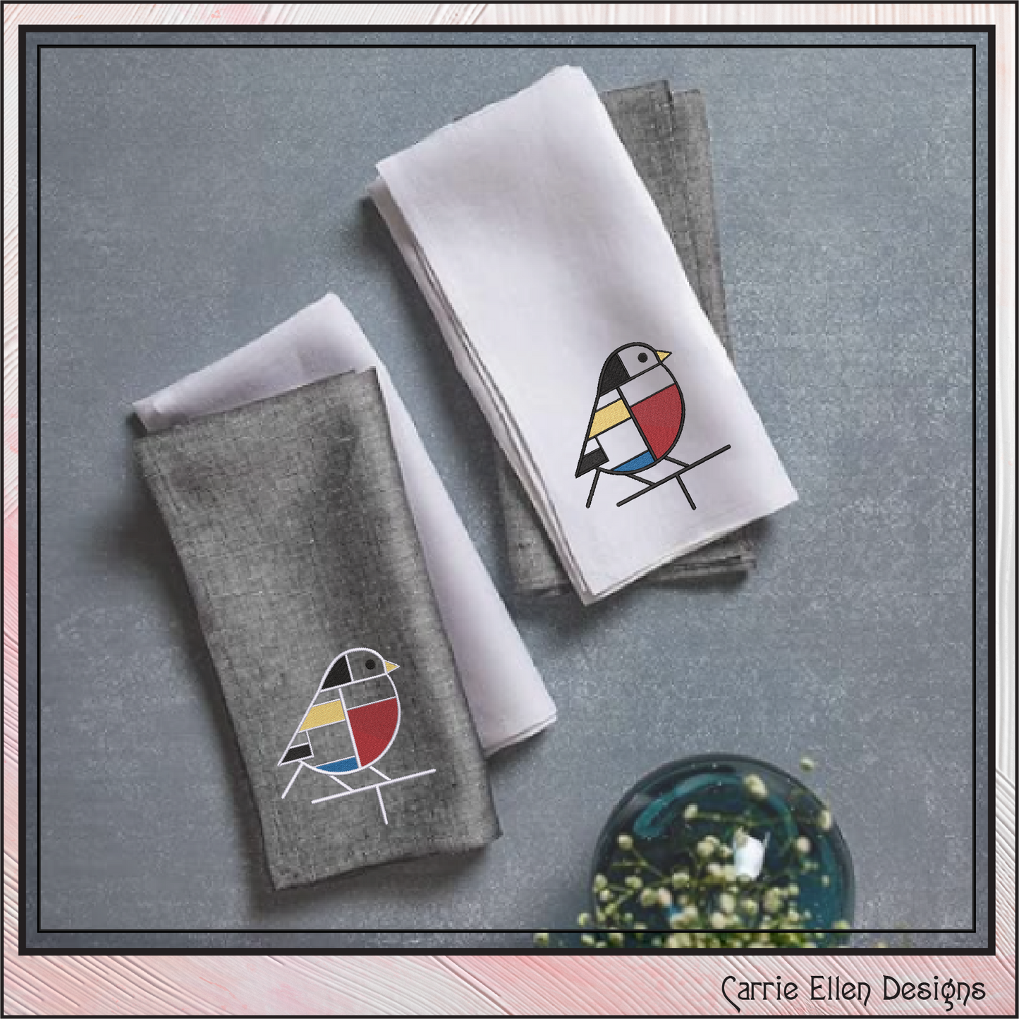 Geometric Chickadee Machine Embroidery Design | Mondrian Inspired Bird Stitch File | Modern Art Embroidery, 6 Sizes, (4200)