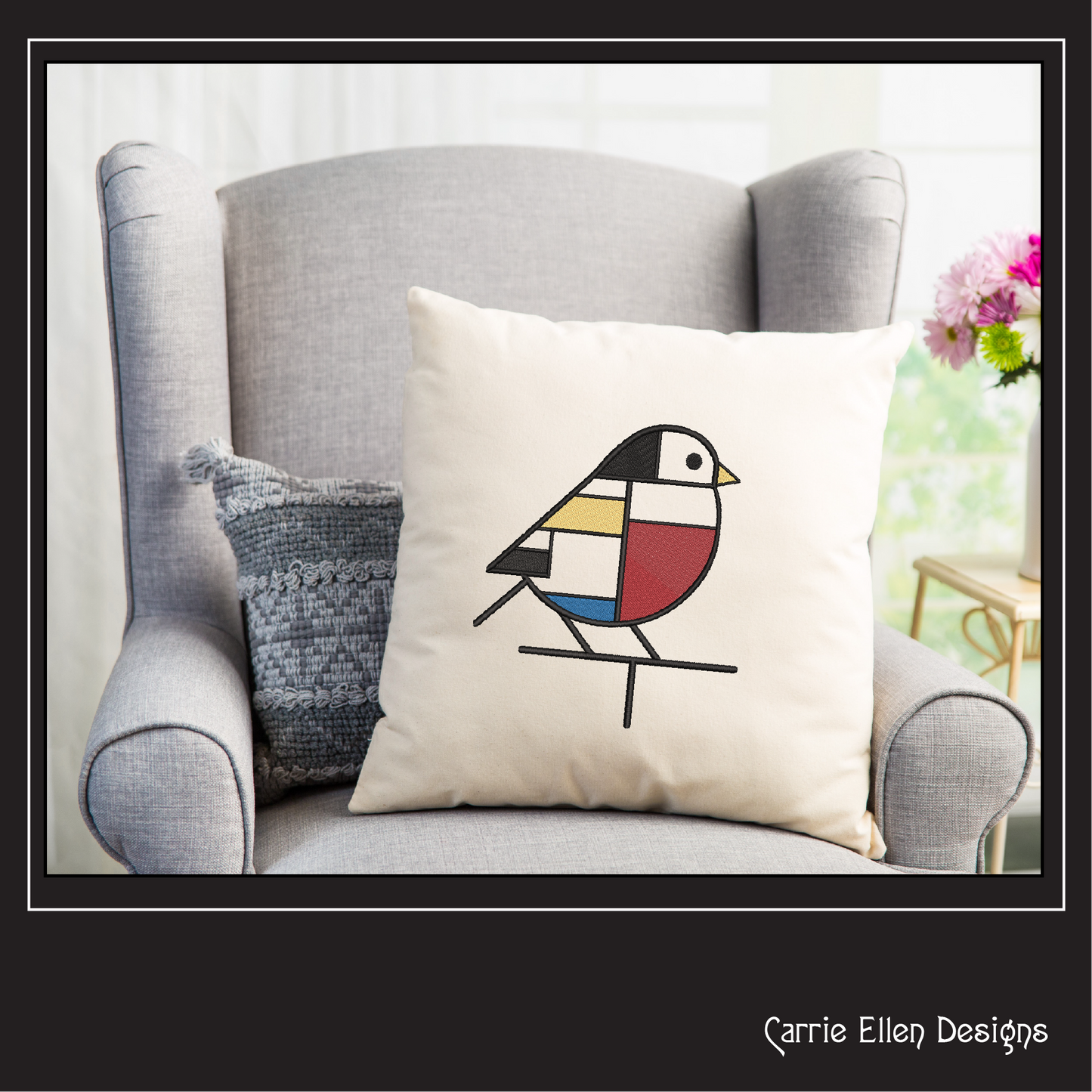 Geometric Chickadee Machine Embroidery Design | Mondrian Inspired Bird Stitch File | Modern Art Embroidery, 6 Sizes, (4200)