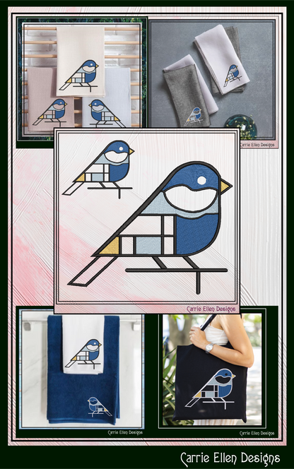 Geometric Blue Bird Machine Embroidery Design | Mondrian Inspired Bird Stitch File | Modern Art Embroidery, 6 Sizes, (4201)