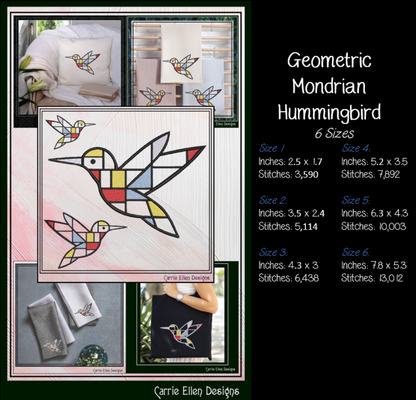 Geometric Hummingbird Machine Embroidery Design | Mondrian Inspired Bird Stitch File | Modern Art Embroidery, 6 Sizes, (4202)