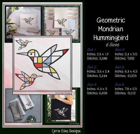 Geometric Hummingbird Machine Embroidery Design | Mondrian Inspired Bird Stitch File | Modern Art Embroidery, 6 Sizes, (4202)