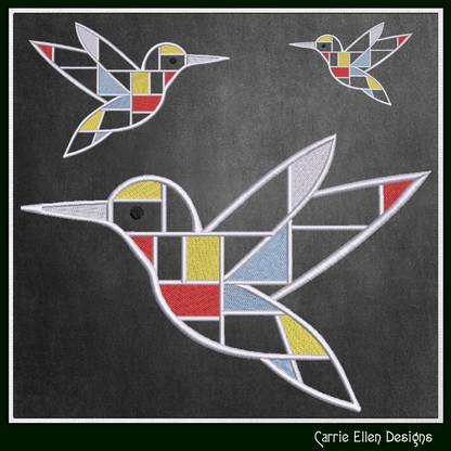 Geometric Hummingbird Machine Embroidery Design | Mondrian Inspired Bird Stitch File | Modern Art Embroidery, 6 Sizes, (4202)