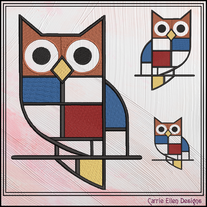 Geometric Owl Machine Embroidery Design | Mondrian Inspired Bird Stitch File | Modern Art Embroidery, 6 Sizes, (4203)