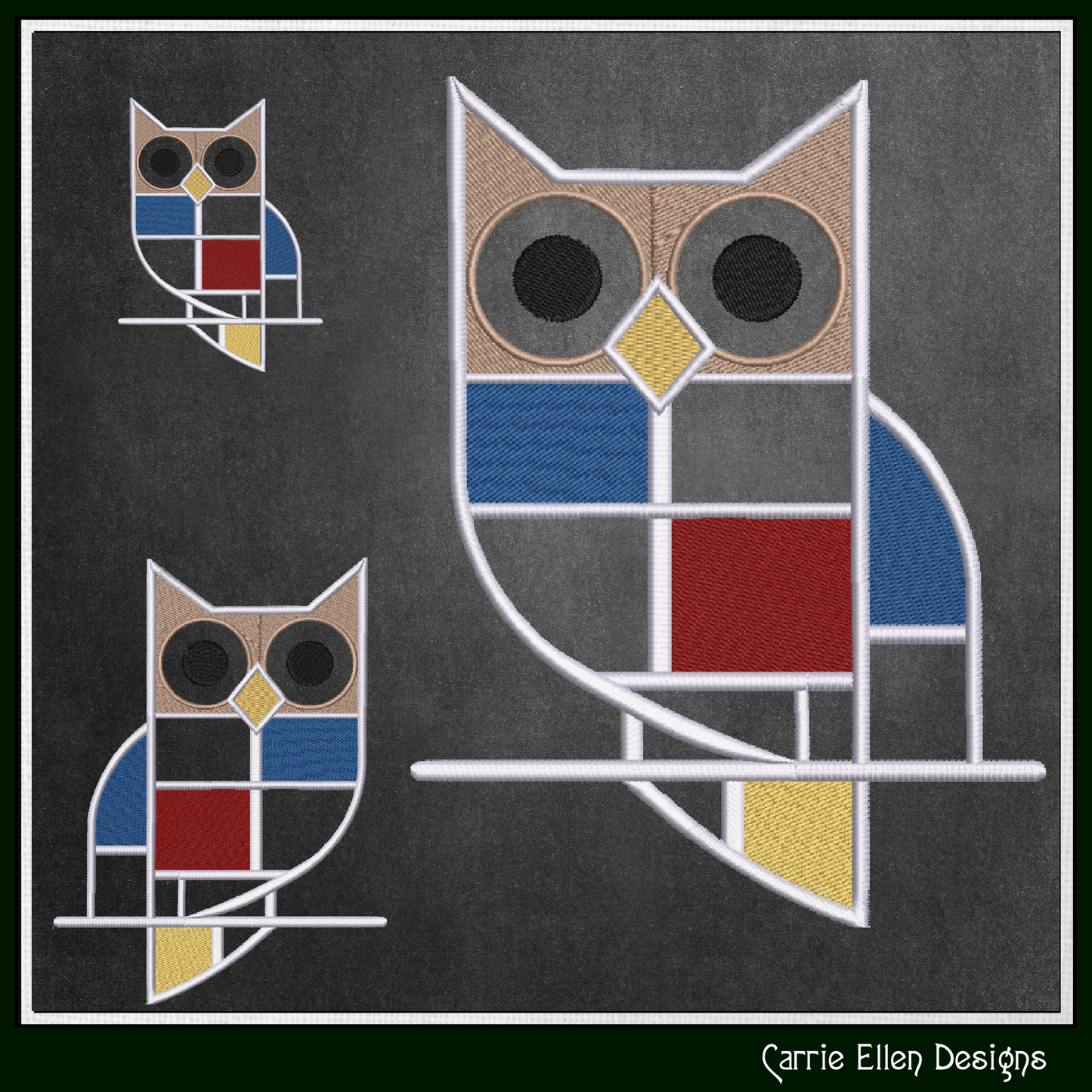 Geometric Owl Machine Embroidery Design | Mondrian Inspired Bird Stitch File | Modern Art Embroidery, 6 Sizes, (4203)