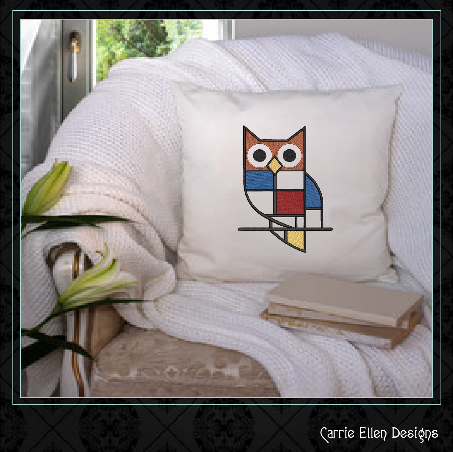 Geometric Owl Machine Embroidery Design | Mondrian Inspired Bird Stitch File | Modern Art Embroidery, 6 Sizes, (4203)