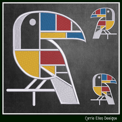 Geometric Toucan Machine Embroidery Design | Mondrian Inspired Bird Stitch File | Modern Art Embroidery, 6 Sizes, (4204)
