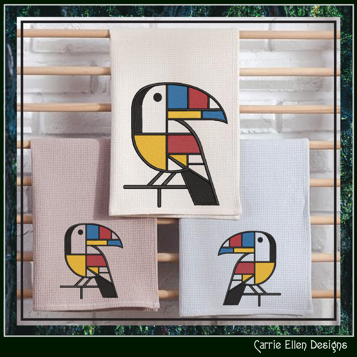 Geometric Toucan Machine Embroidery Design | Mondrian Inspired Bird Stitch File | Modern Art Embroidery, 6 Sizes, (4204)