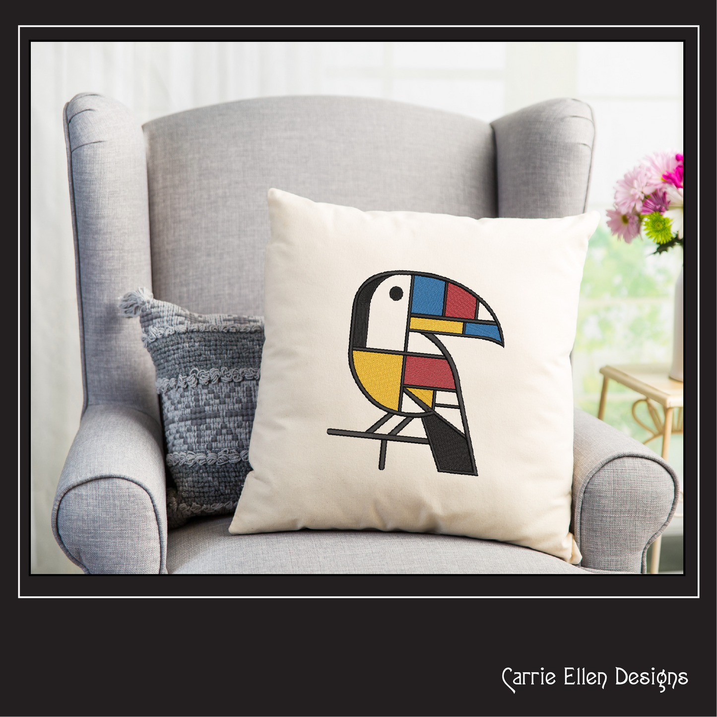Geometric Toucan Machine Embroidery Design | Mondrian Inspired Bird Stitch File | Modern Art Embroidery, 6 Sizes, (4204)