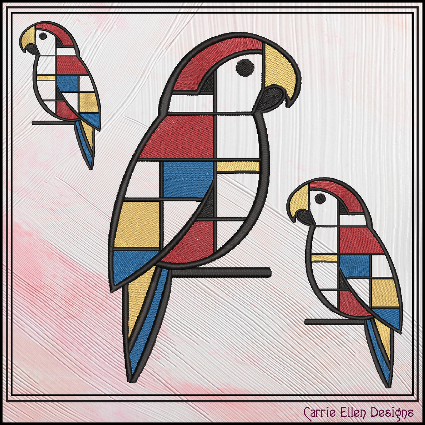 Geometric Parrot Machine Embroidery Design | Mondrian Inspired Bird Stitch File | Modern Line Art Embroidery, 6 Sizes, (4205)