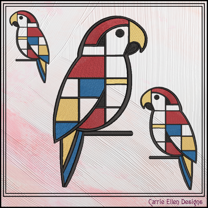 Geometric Parrot Machine Embroidery Design | Mondrian Inspired Bird Stitch File | Modern Line Art Embroidery, 6 Sizes, (4205)