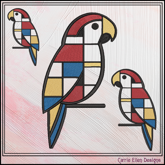 Geometric Parrot Machine Embroidery Design | Mondrian Inspired Bird Stitch File | Modern Line Art Embroidery, 6 Sizes, (4205)