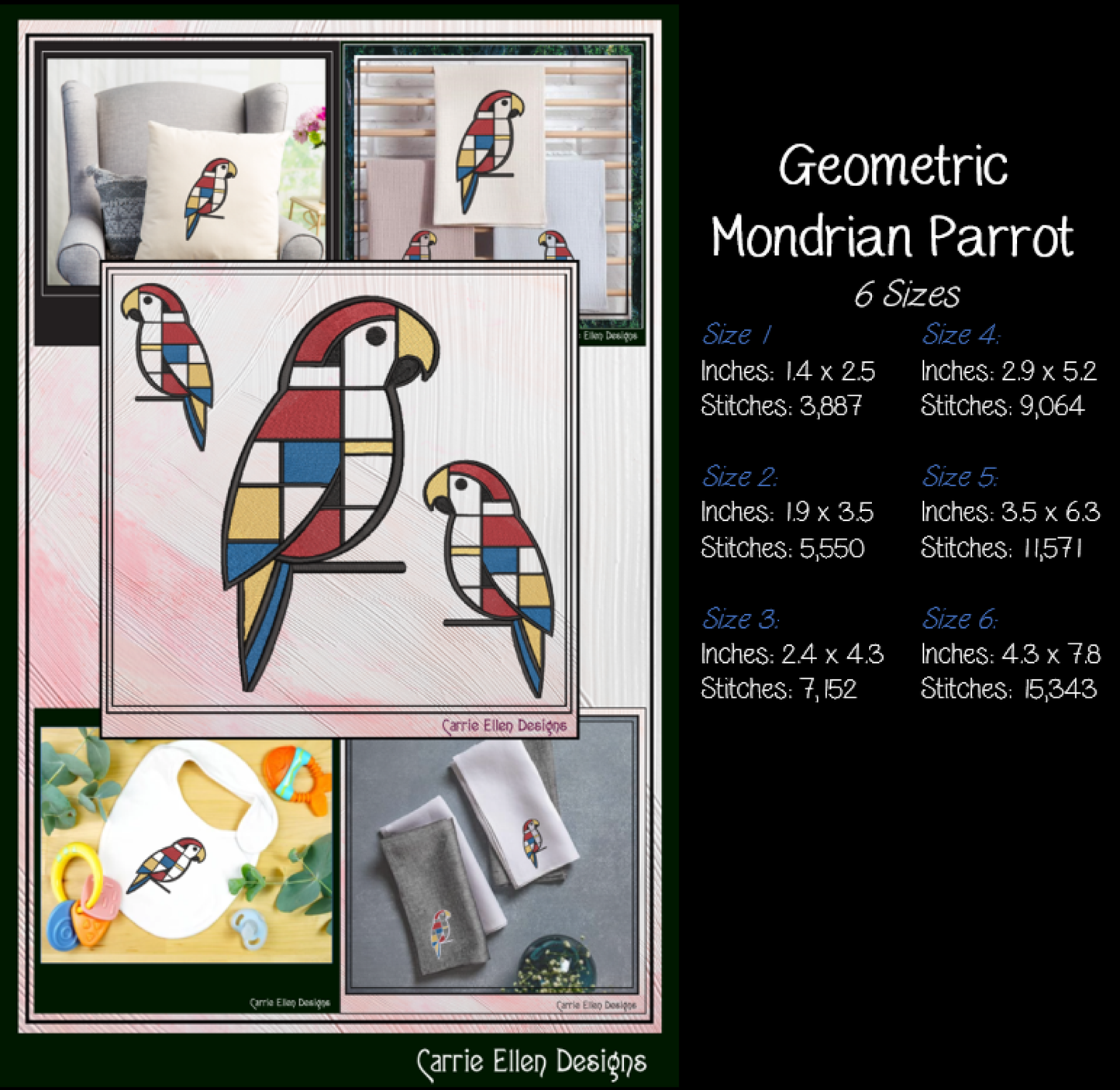 Geometric Parrot Machine Embroidery Design | Mondrian Inspired Bird Stitch File | Modern Line Art Embroidery, 6 Sizes, (4205)