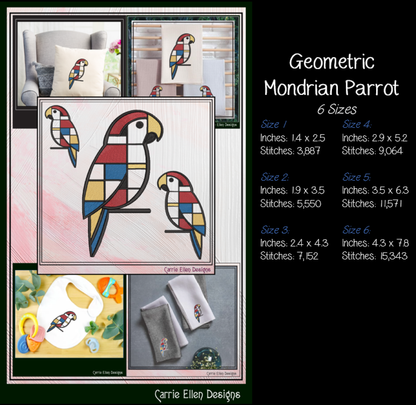 Geometric Parrot Machine Embroidery Design | Mondrian Inspired Bird Stitch File | Modern Line Art Embroidery, 6 Sizes, (4205)